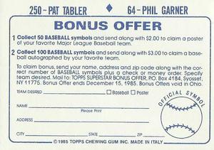 1985 Topps Stickers #64 / 250 Phil Garner / Pat Tabler Back
