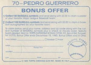 1985 Topps Stickers #70 Pedro Guerrero Back