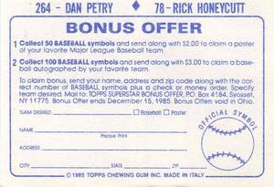 1985 Topps Stickers #78 / 264 Rick Honeycutt / Dan Petry Back