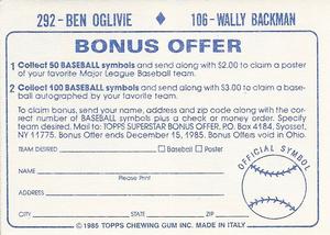 1985 Topps Stickers #106 / 292 Wally Backman / Ben Oglivie Back