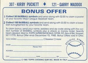 1985 Topps Stickers #121 / 307 Garry Maddox / Kirby Puckett Back