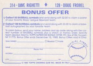 1985 Topps Stickers #128 / 314 Doug Frobel / Dave Righetti Back