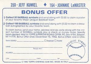 1985 Topps Stickers #164 / 350 Johnnie LeMaster / Jeff Kunkel Back