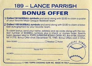 1985 Topps Stickers #189 Lance Parrish Back