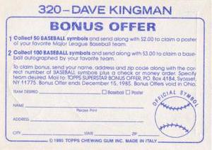 1985 Topps Stickers #320 Dave Kingman Back