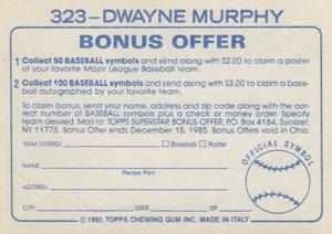 1985 Topps Stickers #323 Dwayne Murphy Back