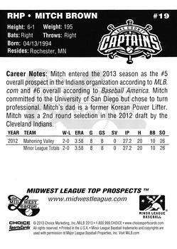 2013 Choice Midwest League Top Prospects #19 Mitch Brown Back