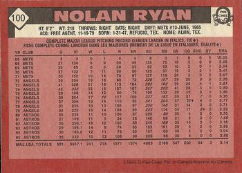 1986 O-Pee-Chee #100 Nolan Ryan Back