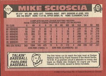 1986 O-Pee-Chee #111 Mike Scioscia Back