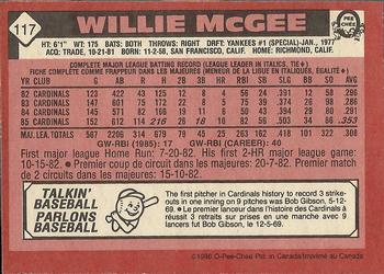 1986 O-Pee-Chee #117 Willie McGee Back