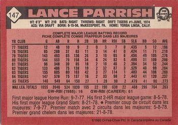 1986 O-Pee-Chee #147 Lance Parrish Back