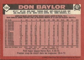 1986 O-Pee-Chee #184 Don Baylor Back