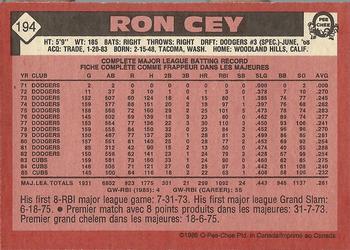 1986 O-Pee-Chee #194 Ron Cey Back
