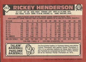 1986 O-Pee-Chee #243 Rickey Henderson Back