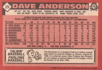 1986 O-Pee-Chee #29 Dave Anderson Back