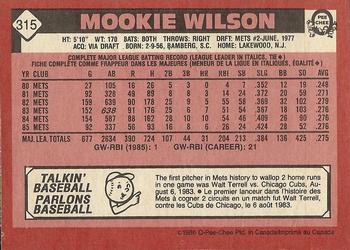 1986 O-Pee-Chee #315 Mookie Wilson Back