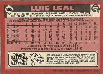 1986 O-Pee-Chee #365 Luis Leal Back