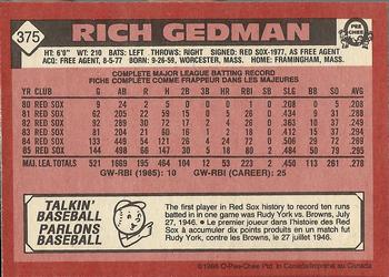1986 O-Pee-Chee #375 Rich Gedman Back