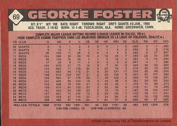1986 O-Pee-Chee #69 George Foster Back
