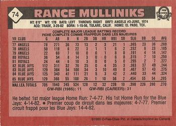 1986 O-Pee-Chee #74 Rance Mulliniks Back