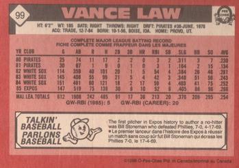 1986 O-Pee-Chee #99 Vance Law Back