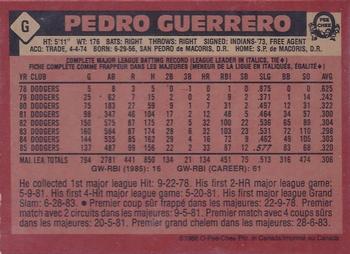 1986 O-Pee-Chee - Wax Box Bottom Panels Singles #G Pedro Guerrero Back