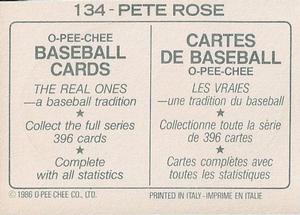 1986 O-Pee-Chee Stickers #134 Pete Rose Back
