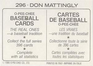 1986 O-Pee-Chee Stickers #296 Don Mattingly Back