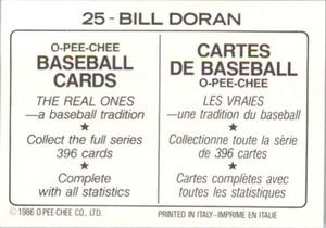 1986 O-Pee-Chee Stickers #25 Bill Doran Back