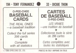 1986 O-Pee-Chee Stickers #33 / 194 Dickie Thon / Tony Fernandez Back