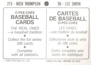 1986 O-Pee-Chee Stickers #56 / 215 Lee Smith / Rich Thompson Back