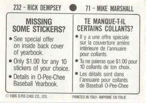 1986 O-Pee-Chee Stickers #71 / 232 Mike Marshall / Rick Dempsey Back