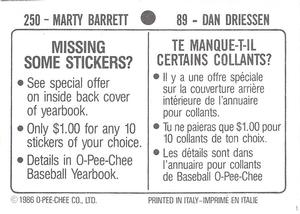 1986 O-Pee-Chee Stickers #89 / 250 Dan Driessen / Marty Barrett Back