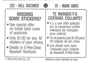 1986 O-Pee-Chee Stickers #91 / 252 Mark Davis / Bill Buckner Back