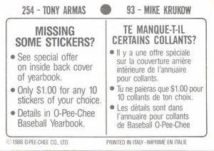 1986 O-Pee-Chee Stickers #93 / 254 Mike Krukow / Tony Armas Back