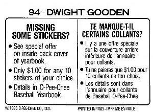 1986 O-Pee-Chee Stickers #94 Dwight Gooden Back