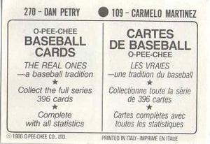 1986 O-Pee-Chee Stickers #109 / 270 Carmelo Martinez / Dan Petry Back