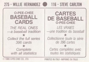 1986 O-Pee-Chee Stickers #116 / 275 Steve Carlton / Willie Hernandez Back