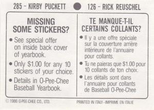 1986 O-Pee-Chee Stickers #126 / 285 Rick Reuschel / Kirby Puckett Back