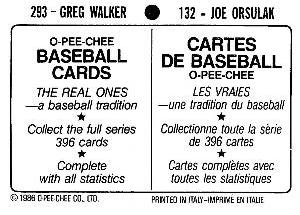 1986 O-Pee-Chee Stickers #132 / 293 Joe Orsulak / Greg Walker Back