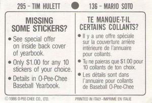 1986 O-Pee-Chee Stickers #136 / 295 Mario Soto / Tim Hulett Back