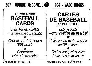 1986 O-Pee-Chee Stickers #164 / 307 Wade Boggs / Oddibe McDowell Back