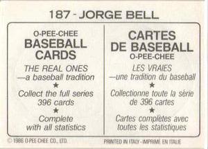 1986 O-Pee-Chee Stickers #187 Jorge Bell Back