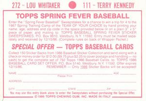 1986 Topps Stickers #111 / 272 Terry Kennedy / Lou Whitaker Back
