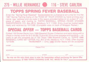 1986 Topps Stickers #116 / 275 Steve Carlton / Willie Hernandez Back