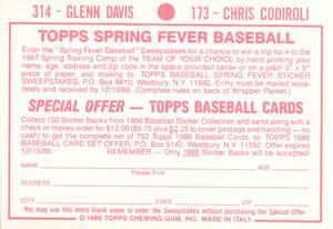 1986 Topps Stickers #173 / 314 Chris Codiroli / Glenn Davis Back