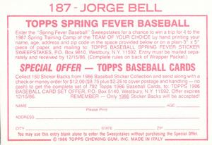 1986 Topps Stickers #187 Jorge Bell Back