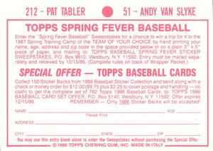 1986 Topps Stickers #51 / 212 Andy Van Slyke / Pat Tabler Back