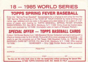 1986 Topps Stickers #18 1985 World Series Back