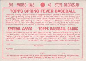 1986 Topps Stickers #40 / 201 Steve Bedrosian / Moose Haas Back